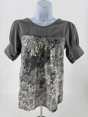 Julia Gray Lace Print Puff Sleeve Empire Waist Women’s Small Cottagecore Boho